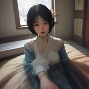 女性编辑坐在办公室内微笑看向镜头，穿浅色衬衫，背景为蓝色主题墙面